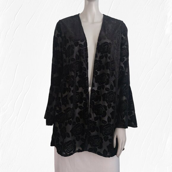 Black Velvet Burnout Floral Kimono Small Sheer Bell Sleeves Goth Romantic New - Picture 5 of 11